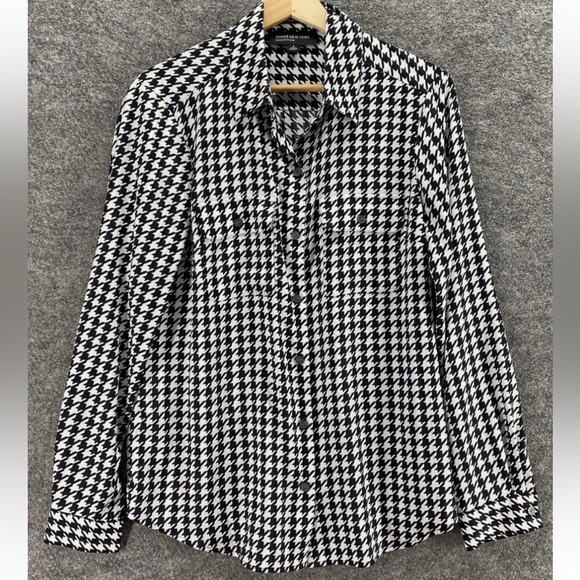 Jones New York (22W Plus) Stretch Black & White Houndstooth Collared Shirt - Picture 1 of 9